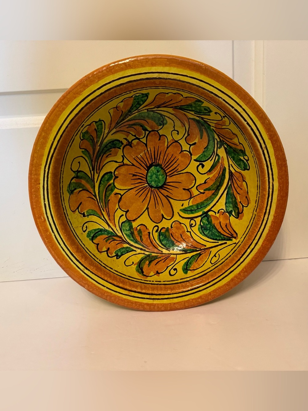 Hand-Painted vintage Italy Floral Ceramic Bowl large yellow orange green pottery